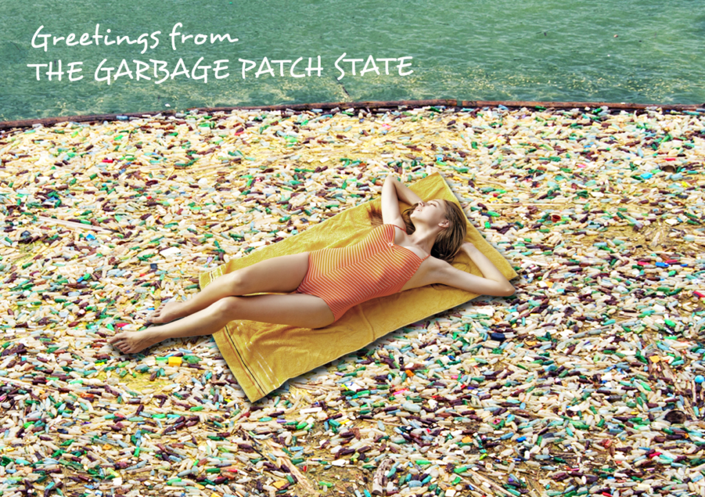 Postcard from the Garbage Patch State. Photo courtesy of Maria Cristina Finucci Wasteland was conceived by Maria Cristina Finucci to create that tangible image which the Garbage Patch was lacking, so as to better convey its existence. Finucci created a plausible semantic apparatus consisting of a flag, a birth registry, a mythology, a web portal, etc., without neglecting more trivial elements such as postcards.