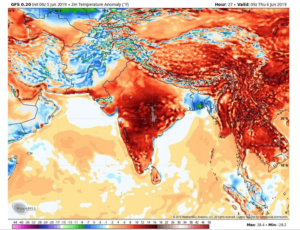 (WeatherBell Analytics) Washington Post. This forecast for Thursday shows the temperature difference from normal (in Fahrenheit). Red shades show areas where the temperature is hotter than normal.