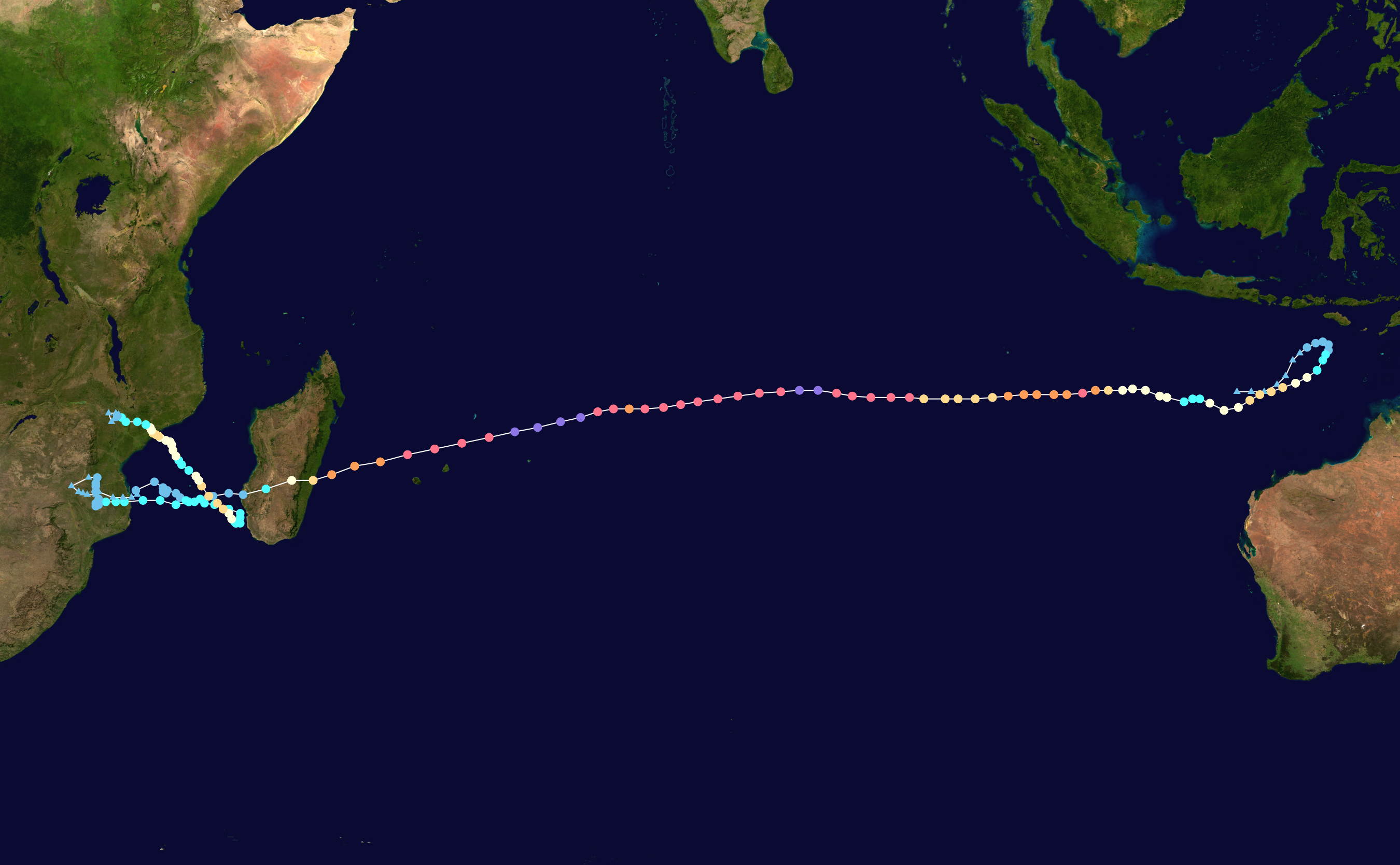 Track map of Severe Tropical Cyclone Freddy / Very Intense Tropical Cyclone Freddy of the 2022-23 Australian region cyclone season and the 2022-23 South-West Indian Ocean cyclone season.