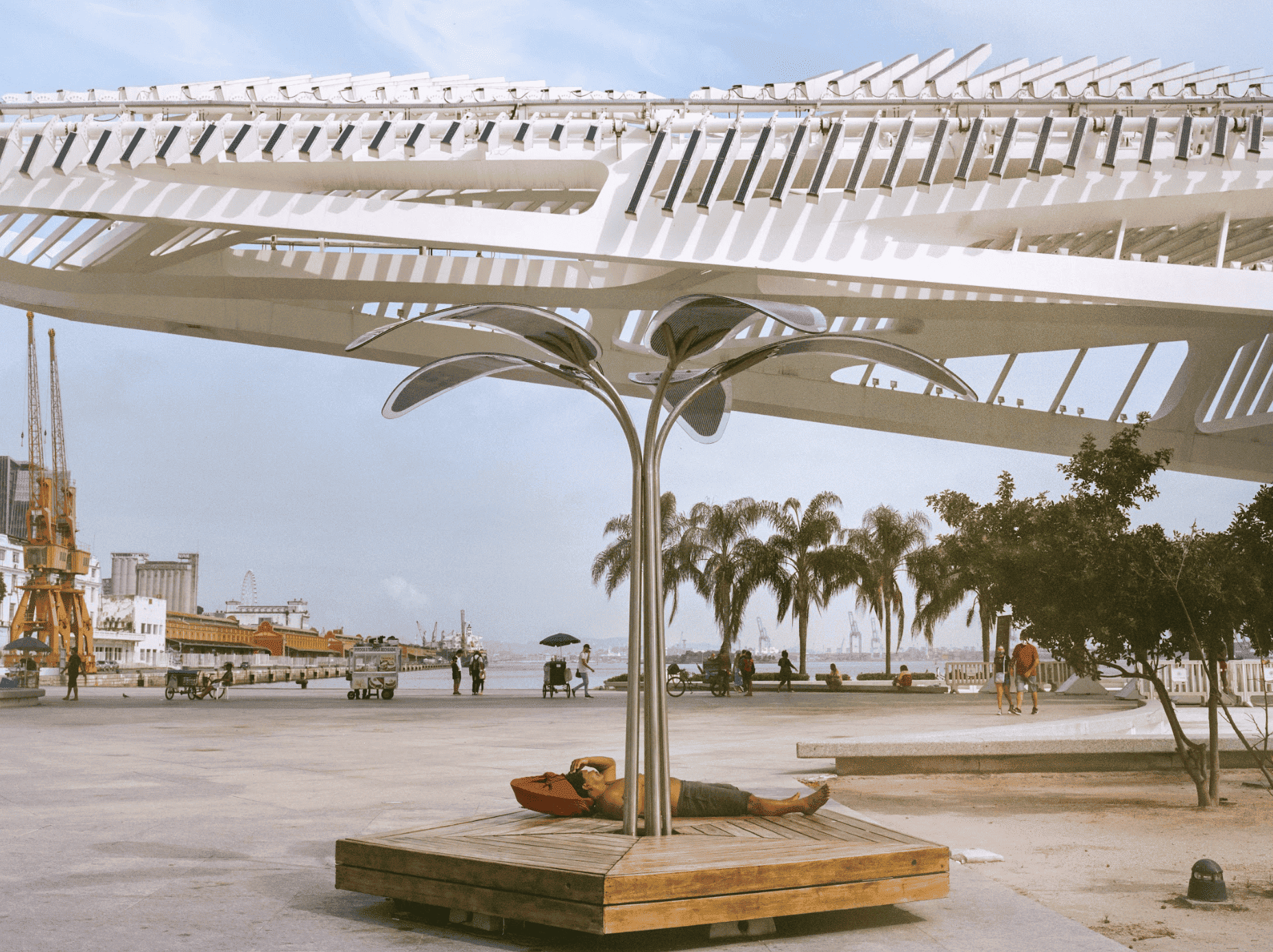 A man rests in front of the Museum of Tomorrow, designed by architect Santiago Calatrava, in the Porto Maravilha area of Rio de Janeiro. Brazil. The Museum uses seawater for the heat rejection of its AC systems, allowing for highly efficient energy cooling operations - 84% Humidity, Temperature 26°C. Photo by Gaia Squarci